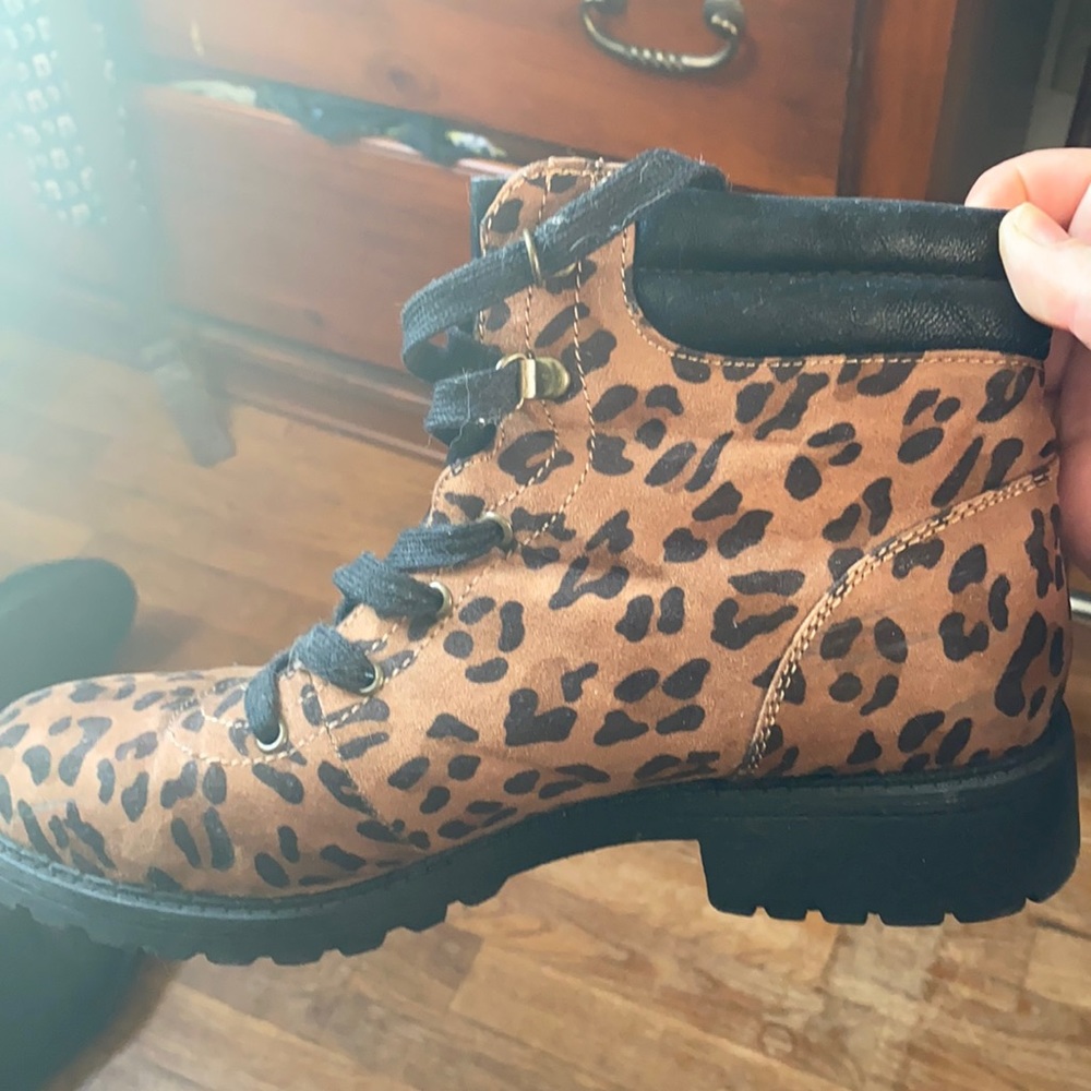 Maurices leopard combat boots.